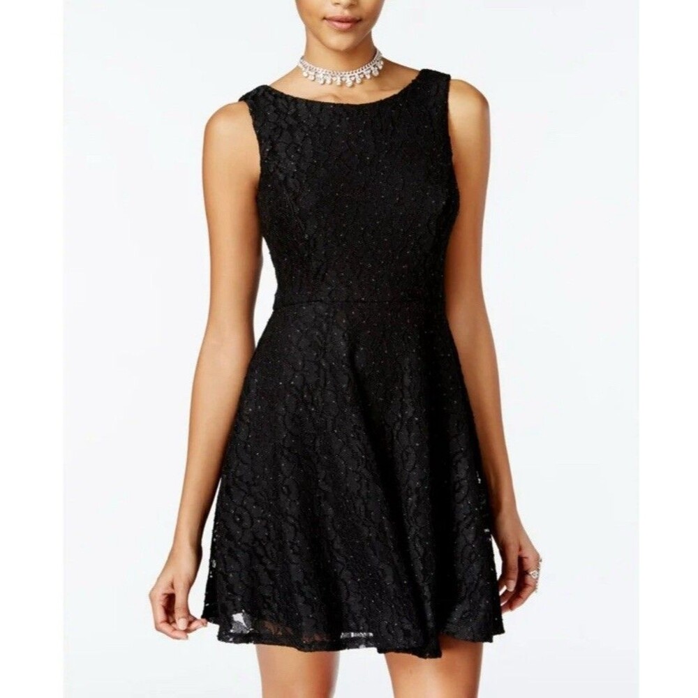 Soprano Juniors Small Lace Fit & Flare Dress Black Sparkle Sleeveless Hoco Dance